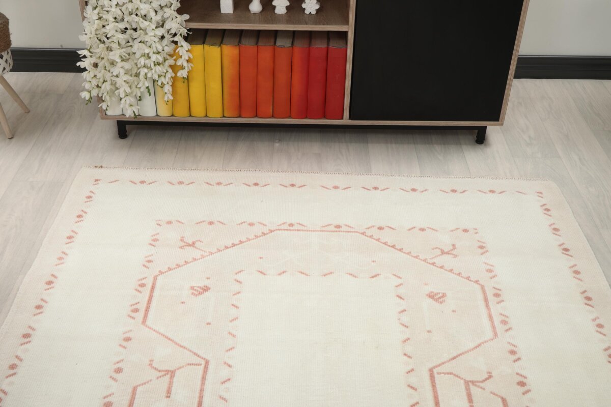 5x8 Red White Turkish Rug, 5x8 Wool Handmade Rug, 5x8 Oushak Area Rug, Bohemian Rug, Antique Rug,Persian Vintage Rug,Kitchen Living Room Rug - Görsel 7
