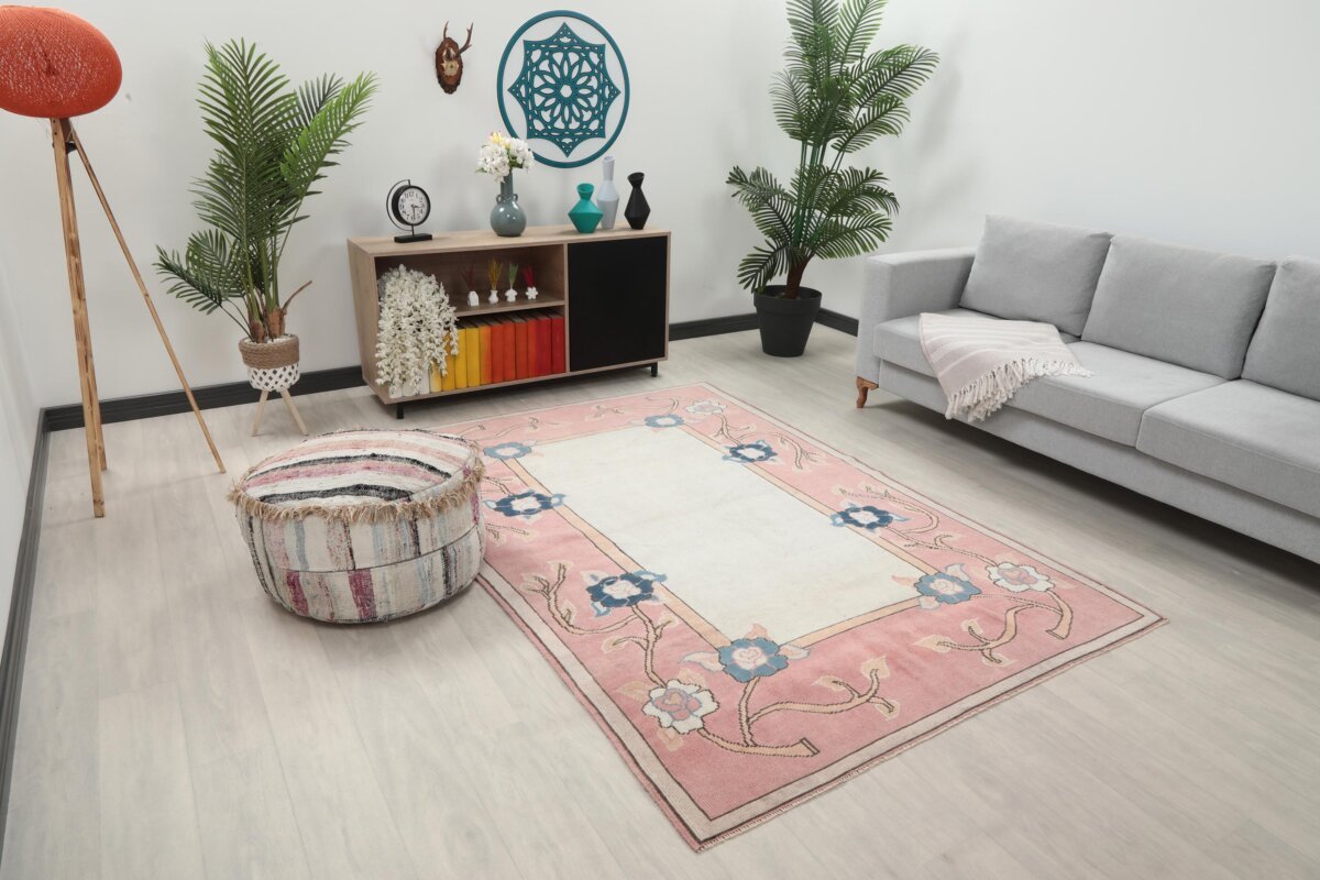 5x8 Pink Floral Patterned Turkish Area Rug, 5x8 Oushak Runner, Bohemian Rug, 5x8 Handmade Rug,Bedroom Kitchen Rug,Vintage Rug,Livingroom Rug - Görsel 5