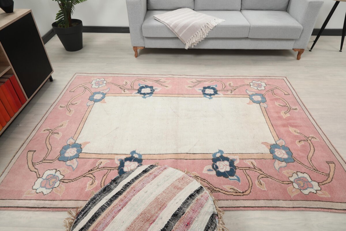5x8 Pink Floral Patterned Turkish Area Rug, 5x8 Oushak Runner, Bohemian Rug, 5x8 Handmade Rug,Bedroom Kitchen Rug,Vintage Rug,Livingroom Rug - Görsel 2