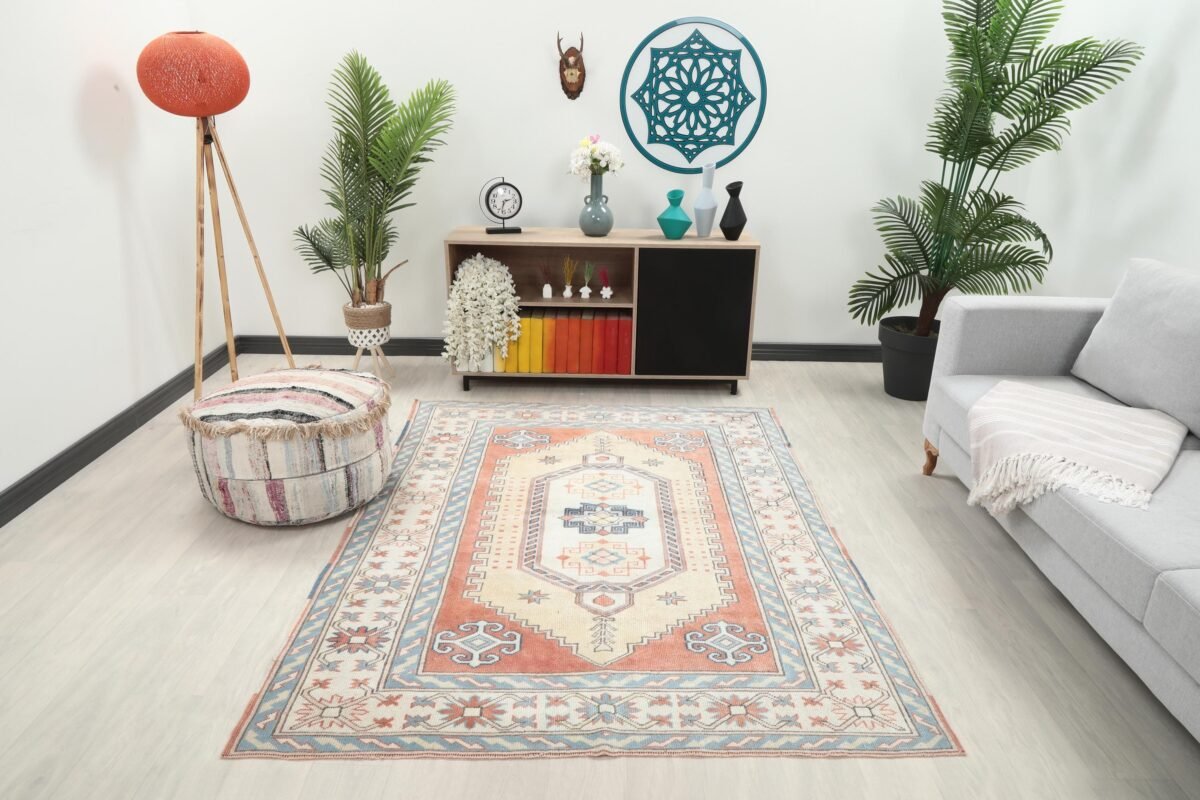 5x7 Red Yellow Turkish Rug, 5x7 Oushak Colorful Runner, Bohemian Rug, Handmade Wool Rug, Antique Rug, Area Rug, Vintage Rug, Kitchen Runner - Görsel 11