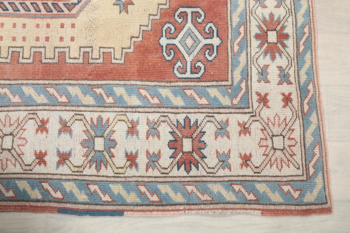 5x7 Red Yellow Turkish Rug, 5x7 Oushak Colorful Runner, Bohemian Rug, Handmade Wool Rug, Antique Rug, Area Rug, Vintage Rug, Kitchen Runner - Görsel 6