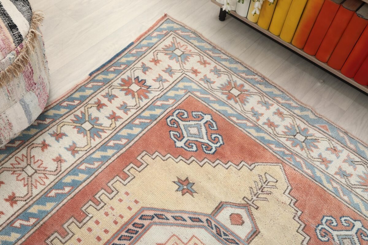 5x7 Red Yellow Turkish Rug, 5x7 Oushak Colorful Runner, Bohemian Rug, Handmade Wool Rug, Antique Rug, Area Rug, Vintage Rug, Kitchen Runner - Görsel 8