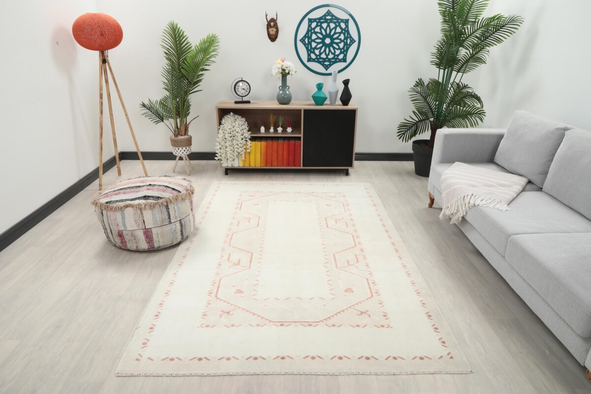 5x8 Red White Turkish Rug, 5x8 Wool Handmade Rug, 5x8 Oushak Area Rug, Bohemian Rug, Antique Rug,Persian Vintage Rug,Kitchen Living Room Rug - Görsel 3