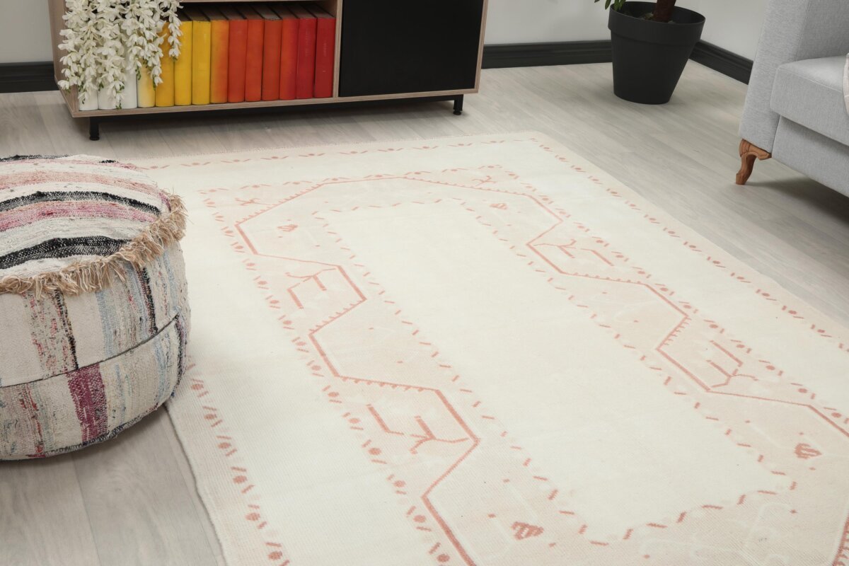 5x8 Red White Turkish Rug, 5x8 Wool Handmade Rug, 5x8 Oushak Area Rug, Bohemian Rug, Antique Rug,Persian Vintage Rug,Kitchen Living Room Rug - Görsel 5