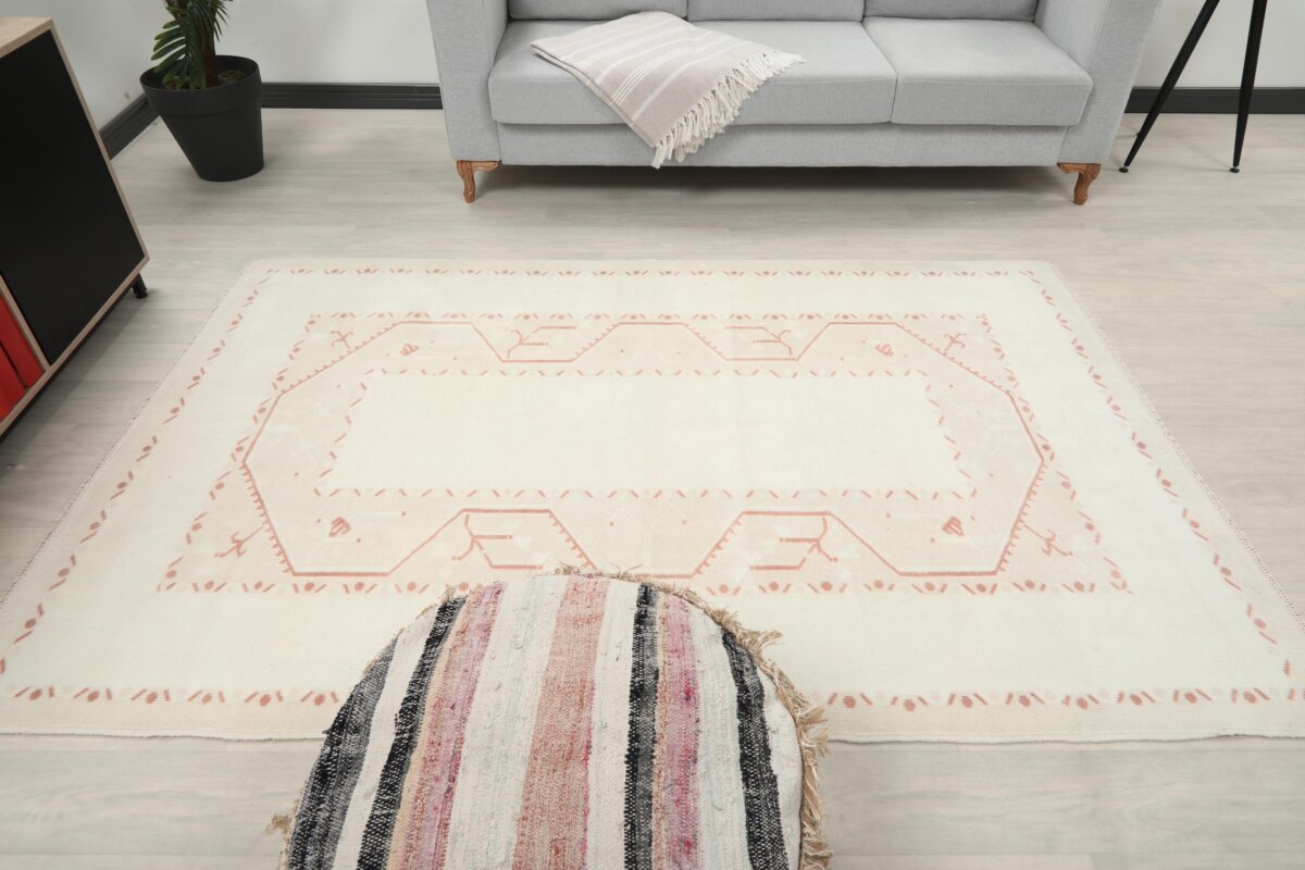 5x8 Red White Turkish Rug, 5x8 Wool Handmade Rug, 5x8 Oushak Area Rug, Bohemian Rug, Antique Rug,Persian Vintage Rug,Kitchen Living Room Rug - Görsel 9