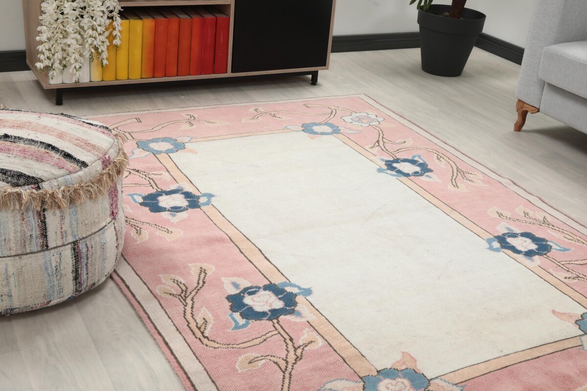5x8 Pink Floral Patterned Turkish Area Rug, 5x8 Oushak Runner, Bohemian Rug, 5x8 Handmade Rug,Bedroom Kitchen Rug,Vintage Rug,Livingroom Rug - Görsel 6