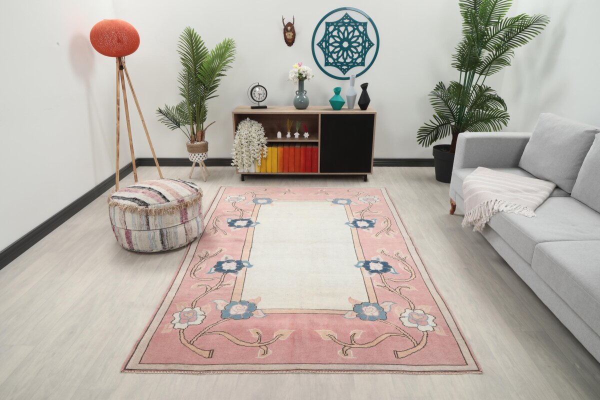 5x8 Pink Floral Patterned Turkish Area Rug, 5x8 Oushak Runner, Bohemian Rug, 5x8 Handmade Rug,Bedroom Kitchen Rug,Vintage Rug,Livingroom Rug - Görsel 4