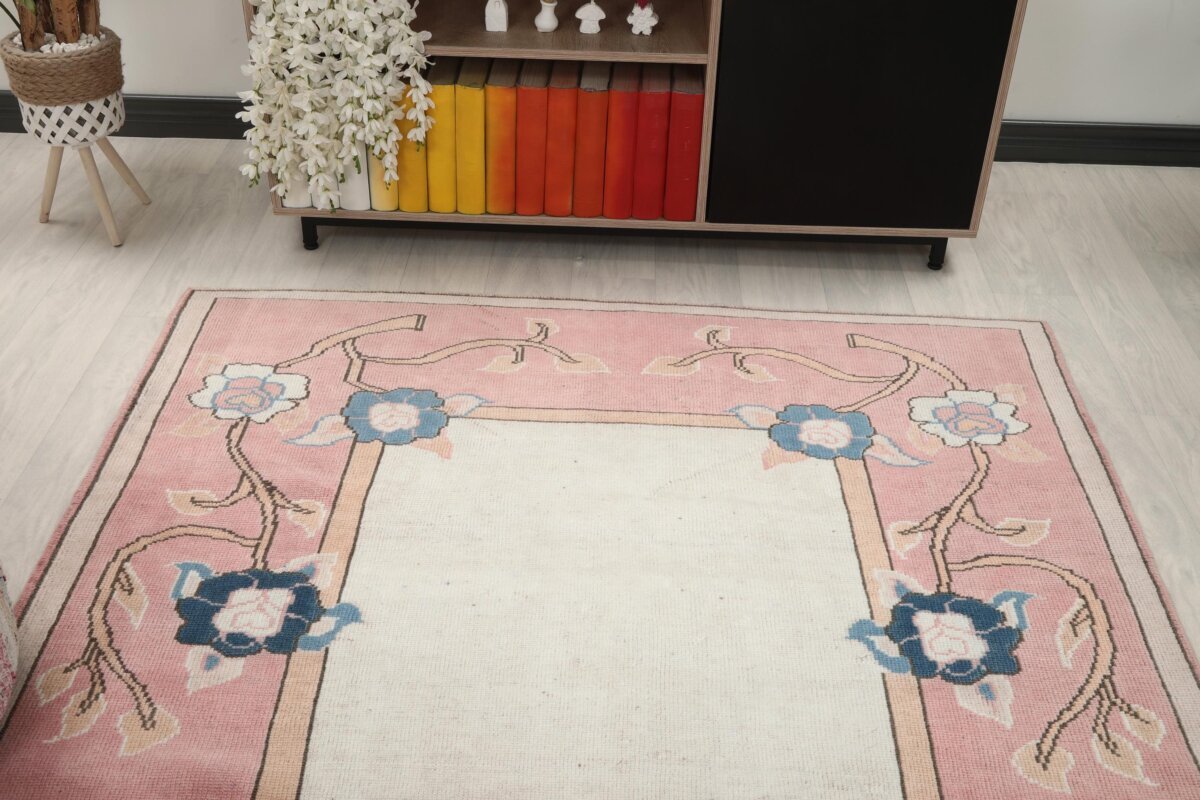 5x8 Pink Floral Patterned Turkish Area Rug, 5x8 Oushak Runner, Bohemian Rug, 5x8 Handmade Rug,Bedroom Kitchen Rug,Vintage Rug,Livingroom Rug - Görsel 9
