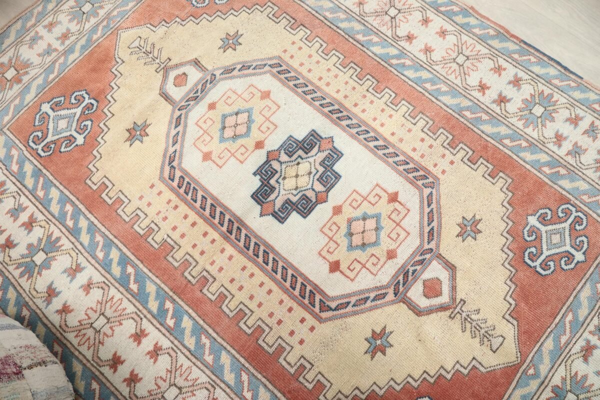 5x7 Red Yellow Turkish Rug, 5x7 Oushak Colorful Runner, Bohemian Rug, Handmade Wool Rug, Antique Rug, Area Rug, Vintage Rug, Kitchen Runner - Görsel 4