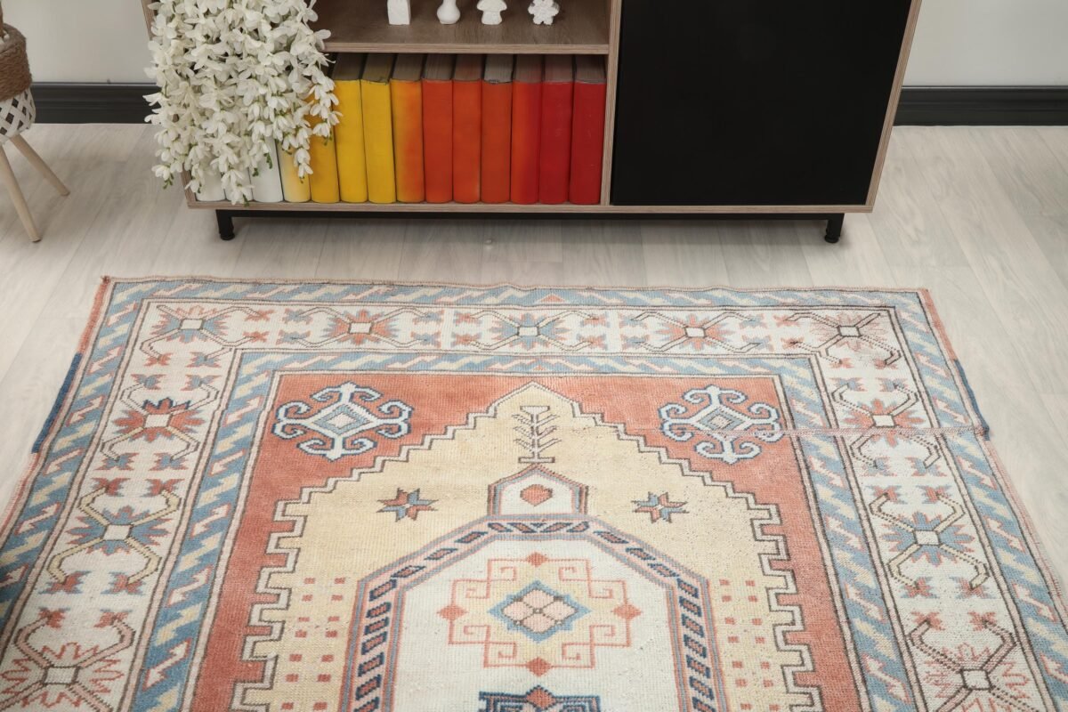 5x7 Red Yellow Turkish Rug, 5x7 Oushak Colorful Runner, Bohemian Rug, Handmade Wool Rug, Antique Rug, Area Rug, Vintage Rug, Kitchen Runner - Görsel 7