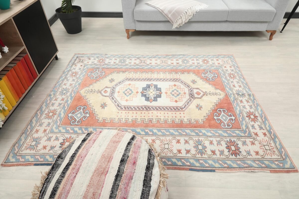 5x7 Red Yellow Turkish Rug, 5x7 Oushak Colorful Runner, Bohemian Rug, Handmade Wool Rug, Antique Rug, Area Rug, Vintage Rug, Kitchen Runner - Görsel 9