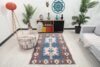 4x6 Blue Pink Red Turkish Rug, 4x6 Handwoven Rug, Oushak Area Rug, Handmade Rug, Living Room Rug, Vintage Rug, Kitchen Wool Rug, Faded Rug - Görsel 2